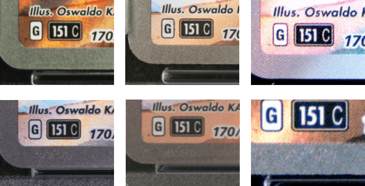 Six gros plans sur le filigrane d'authencité de la carte Pikachu AR 170/151, disposés en grille, montrant des variations subtiles dans l'alignement, la netteté et la complétude du texte pour évaluer l'authenticité.