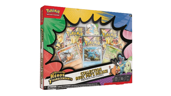 Coffret Collection avec pin's Deluxe Premiers Partenaires de la Série du TCG Pokémon Héros transcendants