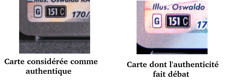 Deux gros plans sur l'emplacement du filigrane d'authenticité de la carte chinoise Pikachu AR 151C. Le filigrane est présent pour l'image "Carte considérée comme authentique" et absent pour l'image 'Carte dont l'authenticité fait débat".