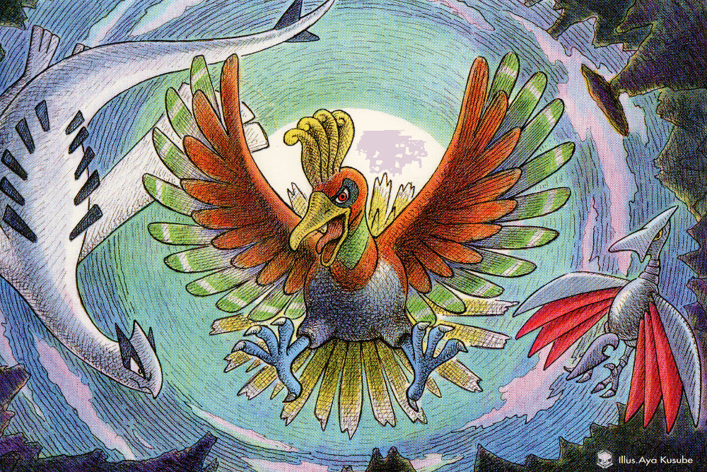 Illustration de Aya Kusube avec Lugia, Ho-oh et Airmure