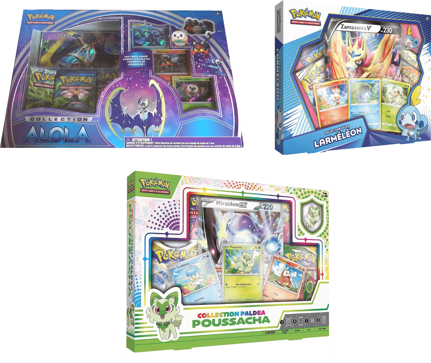 Visuels des coffrets Collection Alola Lunala, Collection Galar Larméléon et Collection Paldea Poussacha en français