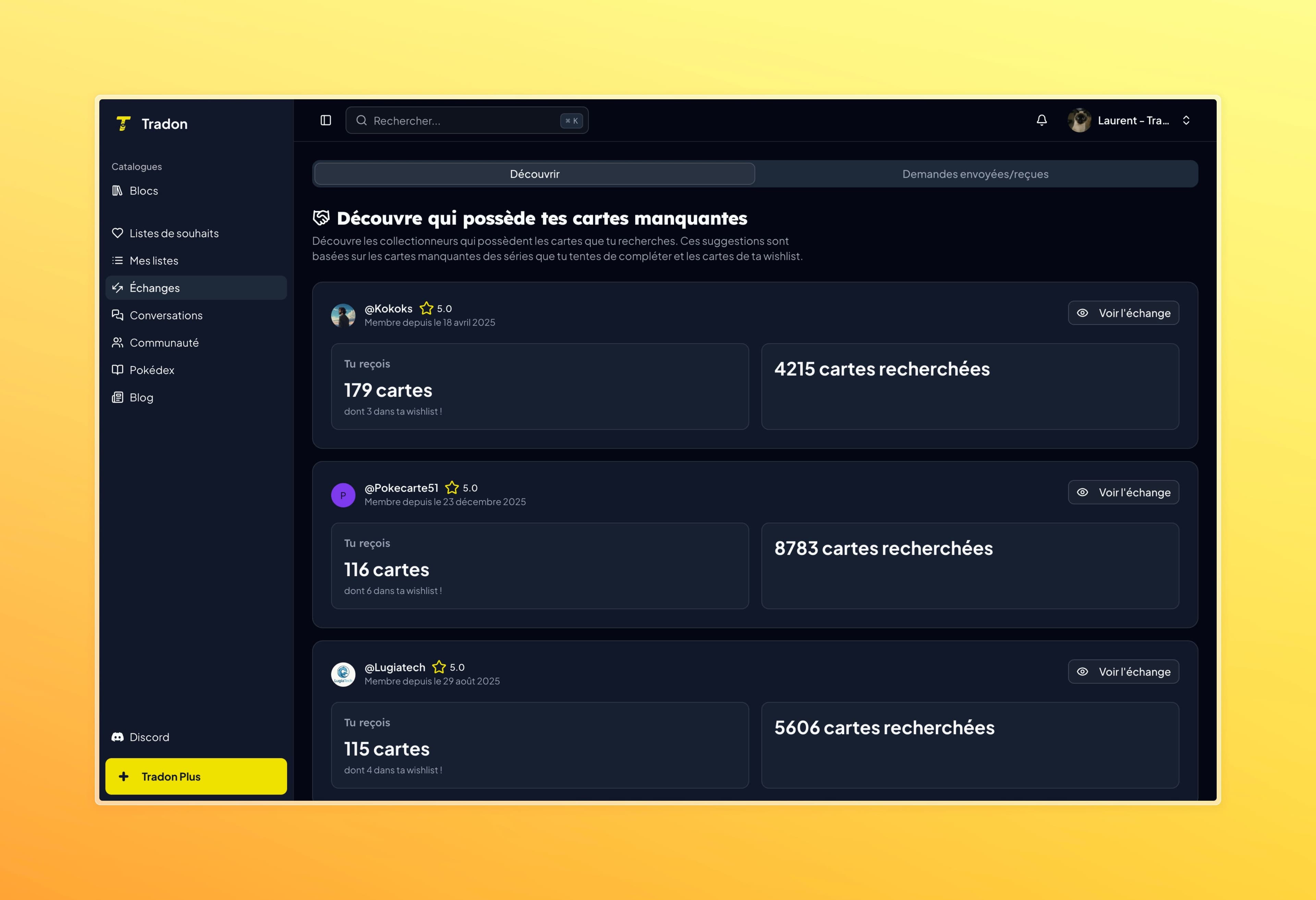 Page Échanges de Tradon affichant trois collectionneurs suggérés avec leurs statistiques de cartes disponibles et recherchées