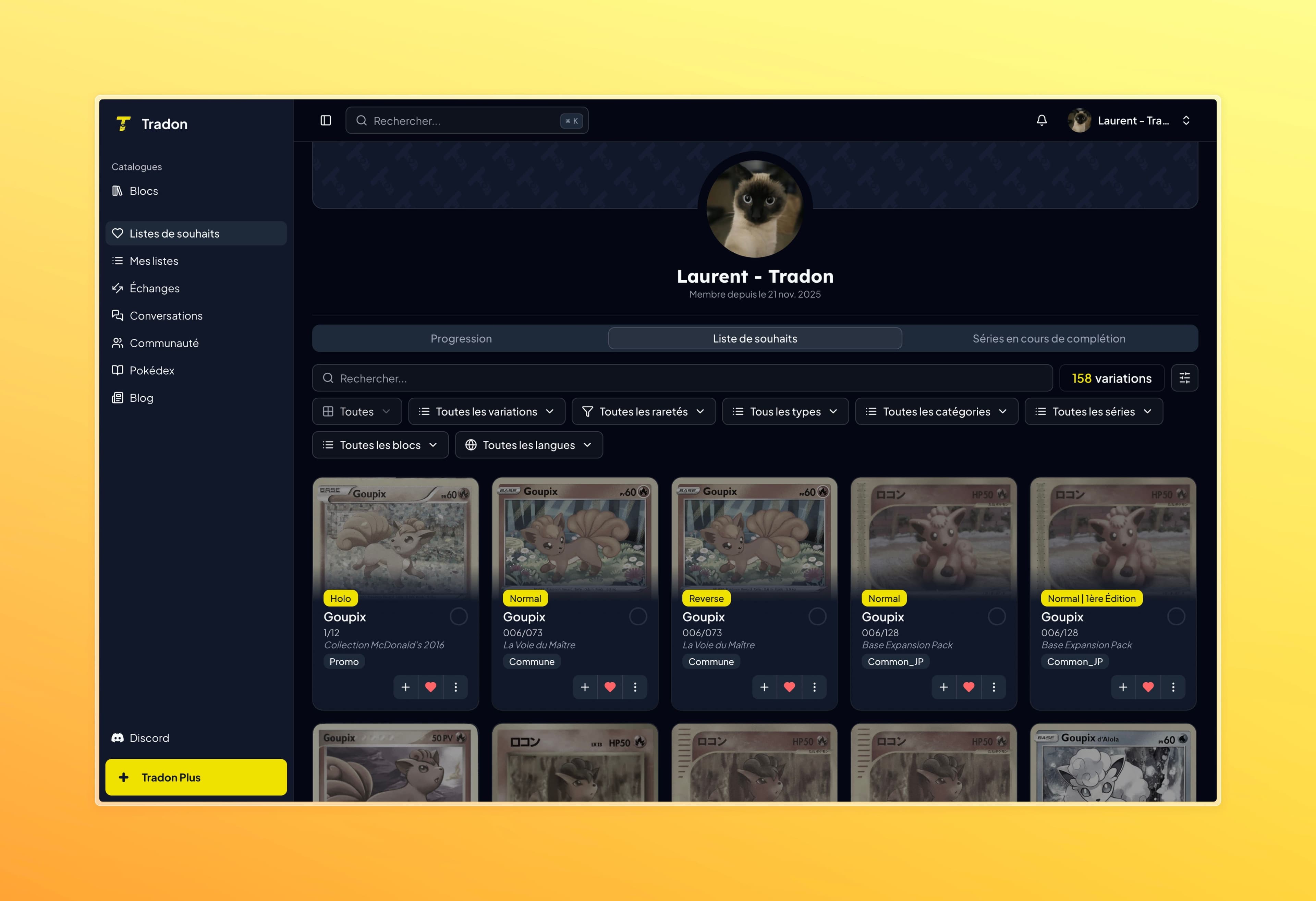Interface Tradon affichant la liste de souhaits de Laurent avec 158 variations de cartes Goupix Pokémon filtrables par type, rareté et série