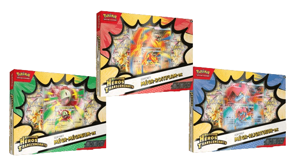 Trois coffret Méga-Évolution de la Série du TCG Pokémon Héros transcendants